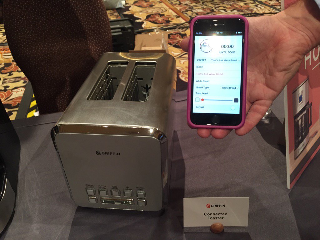 TeklaPerry's tweet image. The #IoT (Internet of Toast?). Griffin's $99 connected toaster, save your favorite "toast profiles" #CES2017