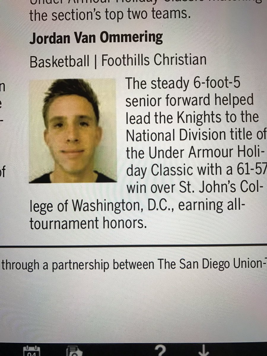 <a href="/FCHSBBALL/">FCHS Basketball</a> <a href="/FCHS_Knights/">Foothills Christian</a> @UA_HdayClassic Congrats <a href="/vanommering/">Jordan Van Ommering</a> on being named <a href="/sdut/">The San Diego Union-Tribune</a> High School Athlete of the Week! Way to go Jordan!