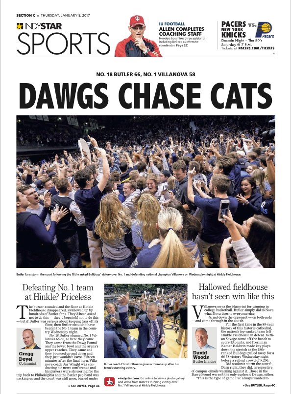 MattGlenesk's tweet photo. Lord knows I’m a sucker for a cheesy headline. Thursday’s @IndyStarSports front. @ButlerMBB https://t.co/PogUr29Jts