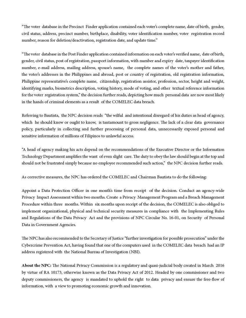 Press Release: Privacy Commission Finds Bautista Criminally Liable for “Comeleak” Data Breach

#DataPrivacy #PrivacyPH