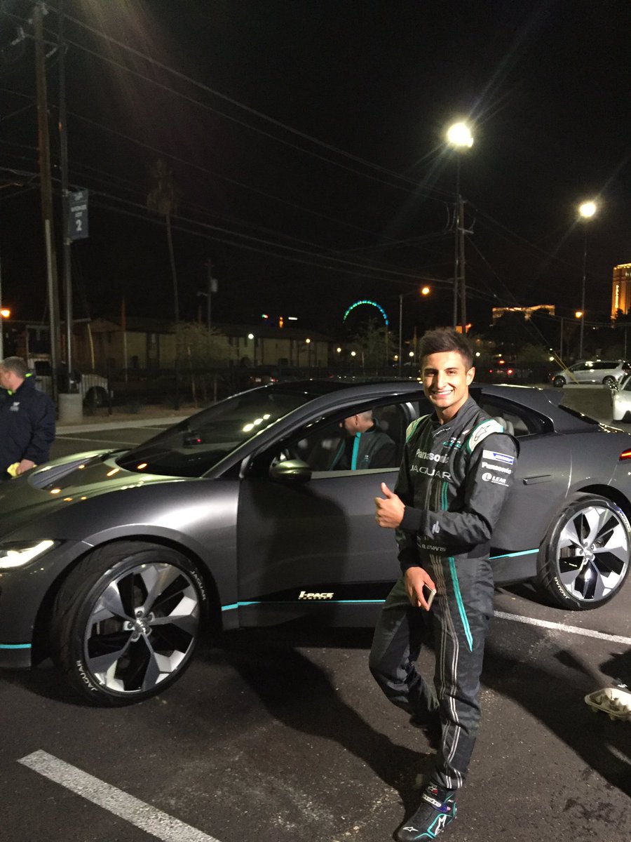 JaguarRacing's tweet photo. He's enjoying the experience so far. @mitchevans_ is ready to take the #IPACE down the strip. #FormulaE #VegaseRace https://t.co/ti6BvoI45a
