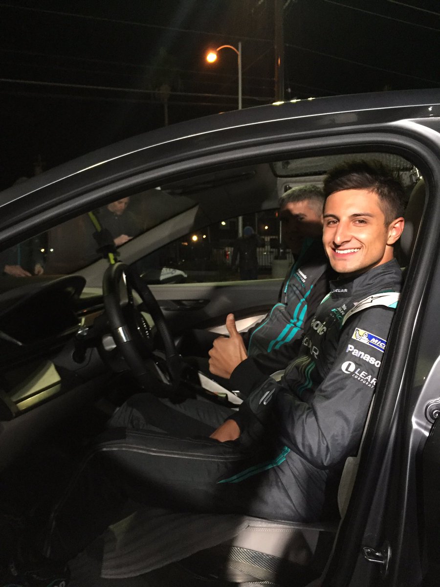 JaguarRacing's tweet photo. He's enjoying the experience so far. @mitchevans_ is ready to take the #IPACE down the strip. #FormulaE #VegaseRace https://t.co/ti6BvoI45a