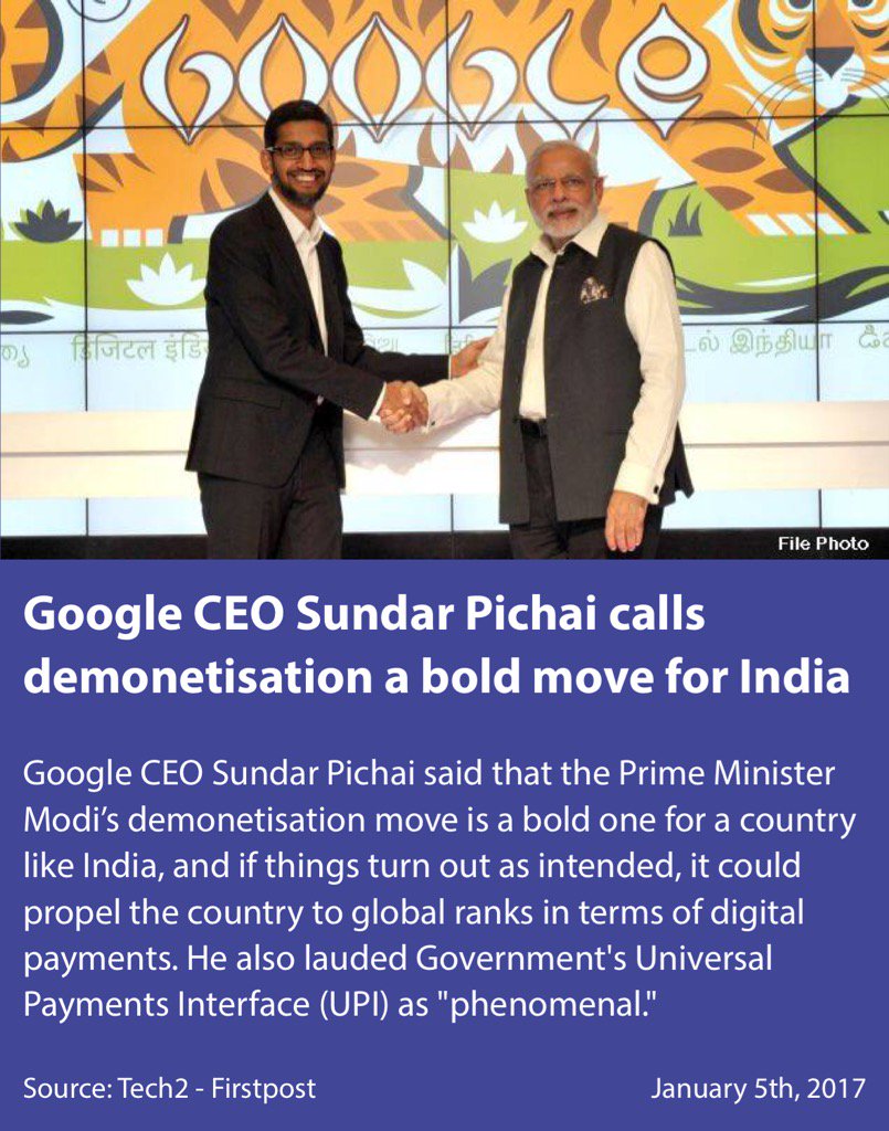 PMOIndia's tweet photo. Google CEO @sundarpichai calls demonetisation a bold move for India. 
https://t.co/x9oWaLeXqJ

via NMApp https://t.co/33H2yYBONH