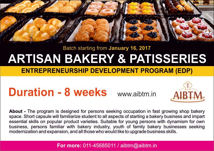AIBTMINDIA's tweet photo. "Few Seats Left" for #EntrepreneurshipDevelopmentProgram on ARTISAN BAKERY &amp; PATISSERIES at #AIBTM. Register Fast at aibtm@aibtm.in https://t.co/HaWW5t6yzF