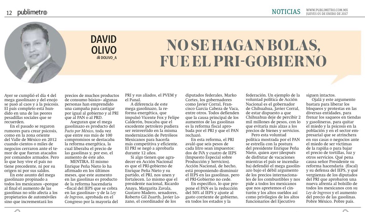 dolivo_a's tweet photo. Buen día, mi columna en @PublimetroMX https://t.co/IZFTh3sgP9 #Gasolinazo #IMPRESO #Edomex #Nayarit #Coahuila #Lee #OPINIÓN #Opinión #CDMX https://t.co/4SQjdye2dG