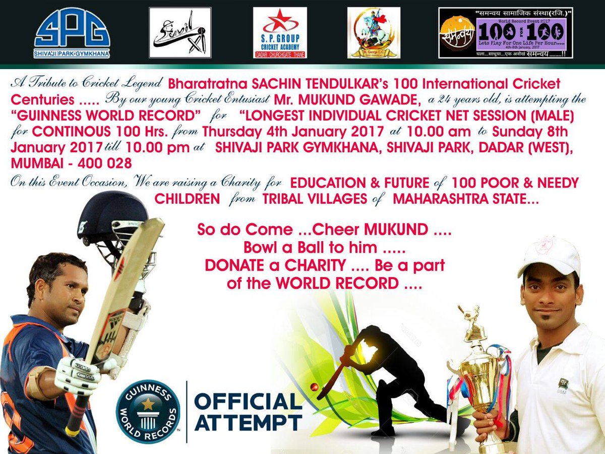 Mukund Gawade is going to bat for 100 hours to raise a CHARITY for 100 children at shivaji park. support him <a href="/sachin_rt/">Sachin Tendulkar</a>