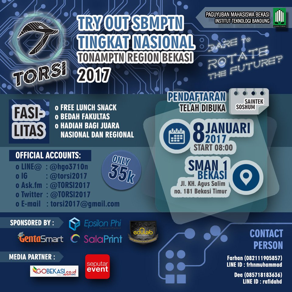 SeputarEvent's tweet photo. Ikuti @torsi2017, Try Out SBMPTN tingkat nasional yg diadakan Mahasiswa ITB Bekasi HARI INI! 8/1 di SMAN 1 Bekasi! https://t.co/vXx5dWareZ