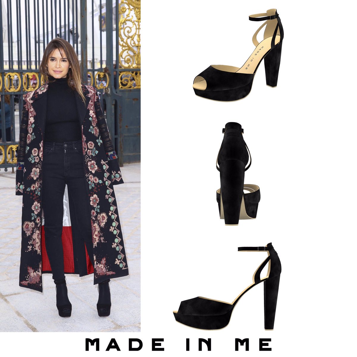 Copia el estilazo de Miroslava Duma vistiendo de negro, con un abrigo estampado y unos #MadeInMe peeptoe como estos: goo.gl/Ds45aK