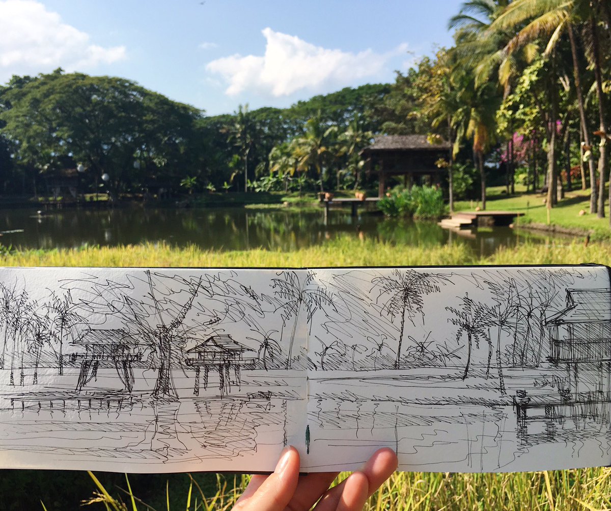 SueRap_Art's tweet image. #sketchjanuary ..quick drawing to capture the serenity of this view, responding to the stunningly vibrant vista in Thailand  #moleskine