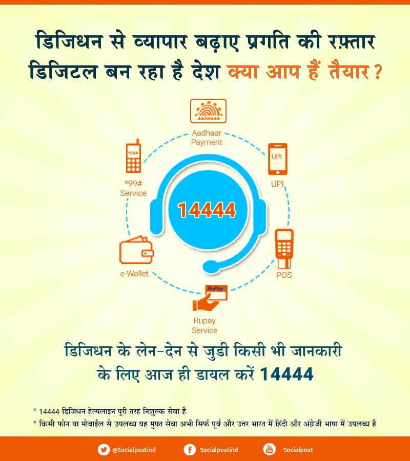 socialpostind's tweet photo. डिजिटल भुगतान या कारोबार से जुडी किसी भी जानकारी को हासिल करना अब और भी आसान , निशुल्क कॉल मिलाये चौदह ,चवालीस, चार(Cashless Helpline 14444) https://t.co/ESO0Q50Yvb