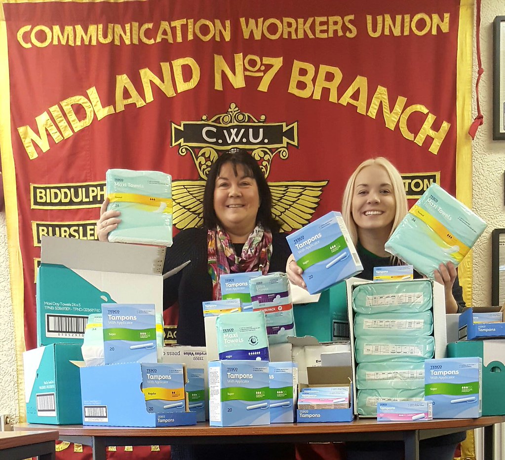 CWUmidlands7's tweet photo. @CWUmidlands7 #thecwu donation of sanitary products for homeless #women in #stokeontrent #homlessperiod @CWUnews @HomelessPeriod_ https://t.co/HKN9sdWd2L
