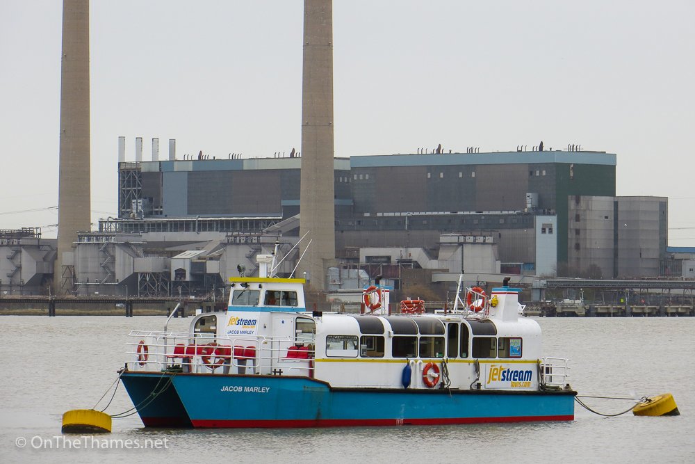 Jetstream's Jacob Marley, usually at home on the Medway, seen at Gravesend today with Tilbury power station behind