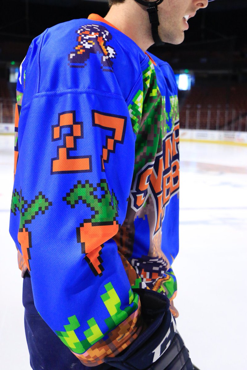 SwampRabbits's tweet image. Game Over! We will be sporting these sweet unis this Saturday for #VideoGame night! 🎮 🐰