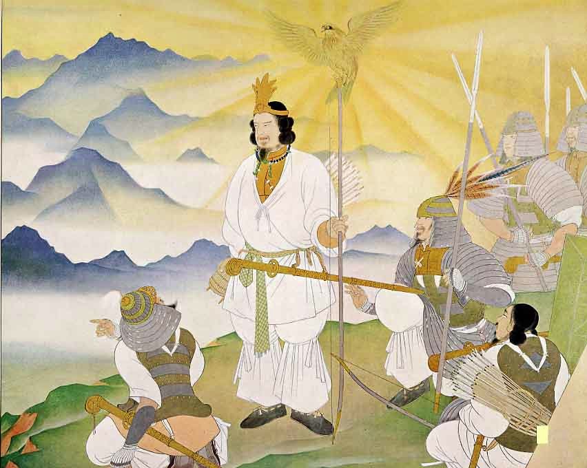 Emperor Jimmu was the first emperor of Japan, according to legend. His  accession is traditionally dated as 660 BCE. He is a descendant of the sun  goddess Amaterasu through her grandson Ninigi