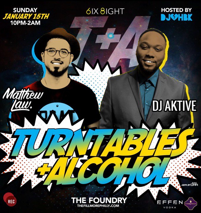 MatthewLaw_'s tweet photo. This Sunday MLK weekend at @FillmorePhilly TURNTABLES &amp; ALCOHOL w/ my West Philly family @DjAktive 🙌🏾

Hosted by @iamDJHBK

#CVLifeStyle https://t.co/thsfvlkVHR