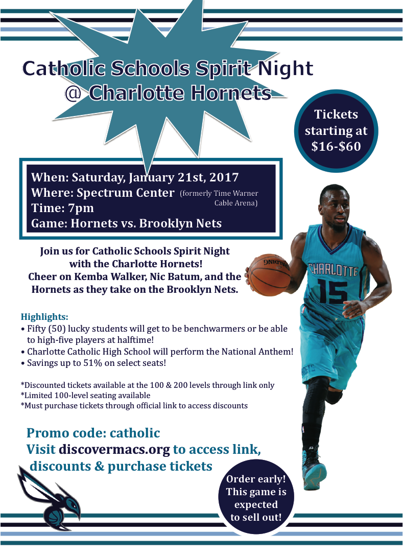 Get your tickets for Catholic Schools Night @ Hornets. Sat. Jan 21st 7pm. Discounted tix at discovermacs.org Promo code: catholic