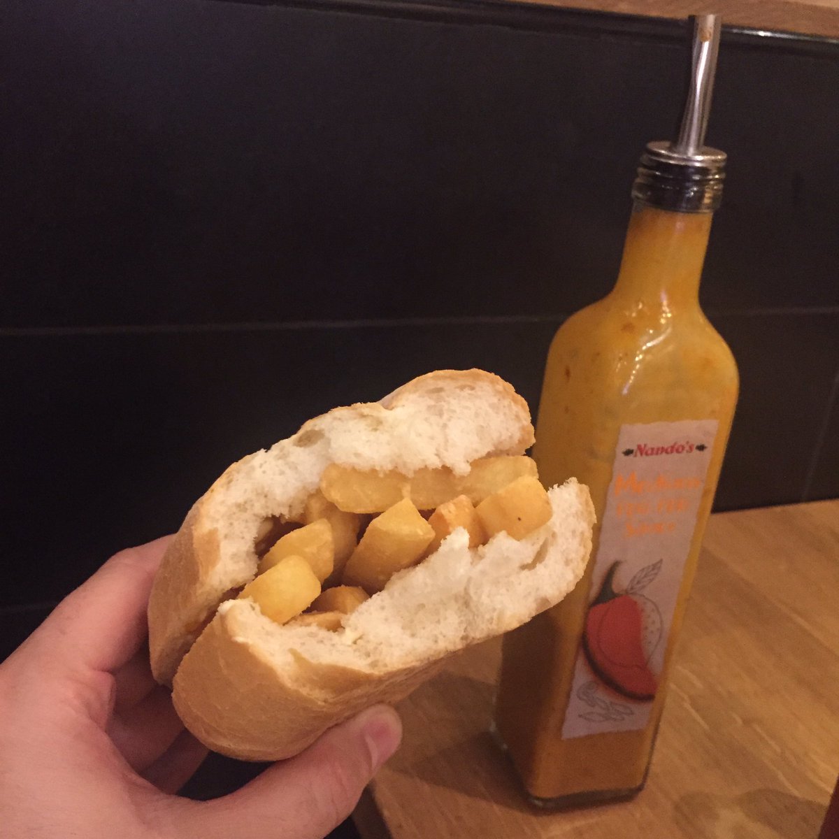 Kev_nW's tweet photo. The tables have turned! #HarryRamsdens no longer has a monopoly on #ChipButties in #Qatar - check out this @NandosQatar bun full of goodness https://t.co/Qiu7thxG4q