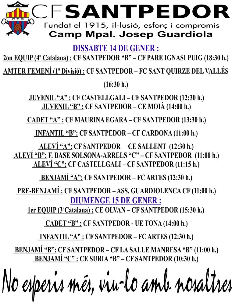 Partits 7 i 8 de Gener.
No esperis més, viu-lo amb nosaltres.
cfsantpedor.cat/partits-14-i-1…