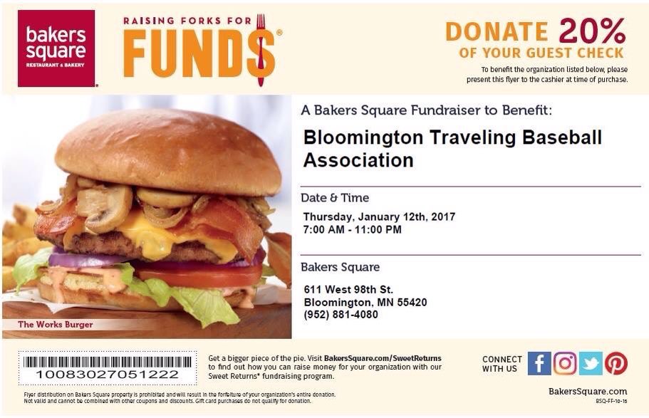 BanditsBTBA's tweet photo. Hungry? Head on over to Baker's Square for lunch and dinner! @Cooperstown2017 Bandits get 20% of the check! Bring this flyer with please https://t.co/DP0cVd8Kw9