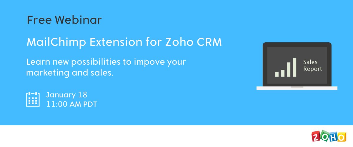 Zoho's tweet photo. Follow up on your leads with ease- MailChimp extension for Zoho CRM.
Join us in a webinar on Jan.18th to learn how https://t.co/zmlRWVPZWU https://t.co/Uj96VdXwSE