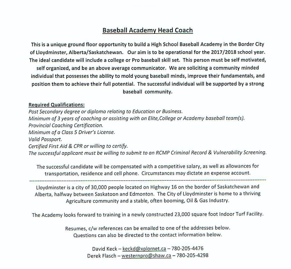 baseballcanada's tweet photo. Attention Coaches: HS Baseball Academy Head Coach position in Lloydminster, AB/SK. #BaseballJobs https://t.co/WzooCQvsgT