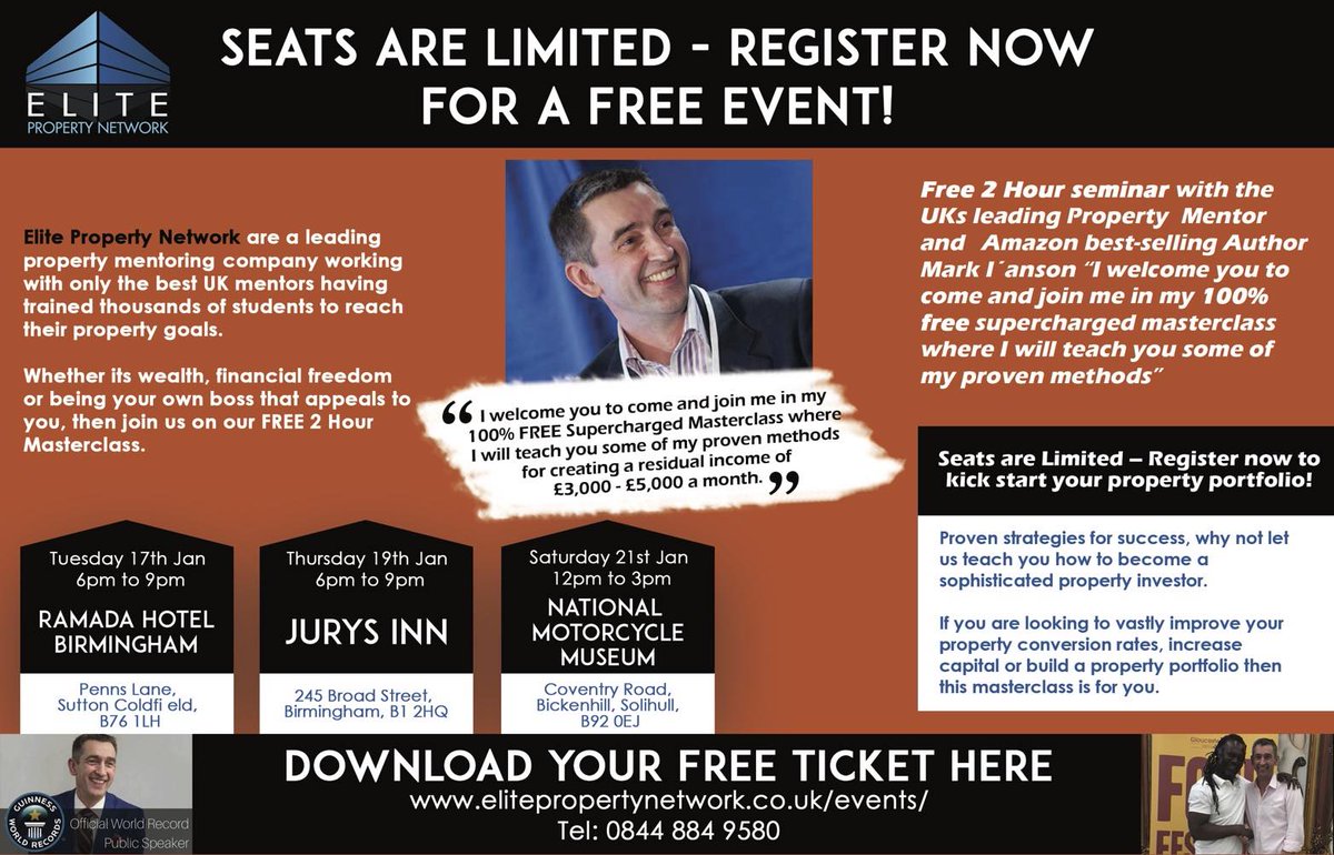 ElitePropNet's tweet image. DOWNLOAD YOUR FREE TICKETS HERE, BHAM PROPERTY MASTERCLASS NEXT WEEK!!
elitepropertynetwork.co.uk/events/