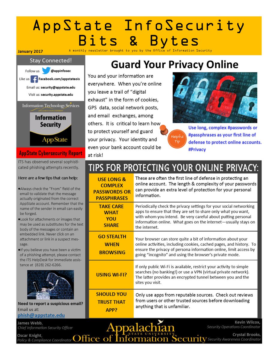 appinfosec's tweet image. Want to learn more about guarding your privacy online? Check out this month&apos;s AppState OIS Newsletter to learn more!
