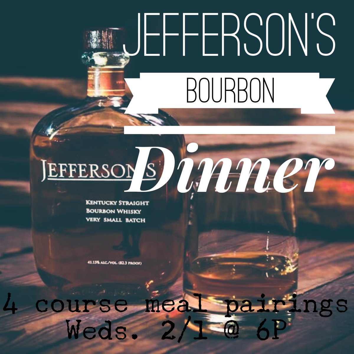 So excited for this one! <a href="/JeffsBourbon/">Jefferson's Bourbon</a> Bourbon Dinner 2/1/17 @ 6pm. Call (860)276-1500/1501 or come on down for tickets!