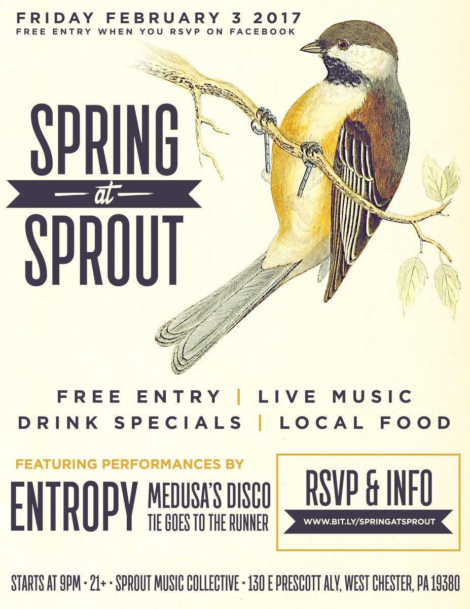 theentropyband's tweet photo. We will be headlining 'Spring at Sprout' along w/ @tiegoesNJ &amp; @medusasdisco . CHECK IT! https://t.co/ZN6rIwCpLY https://t.co/BRNgSdNDQP