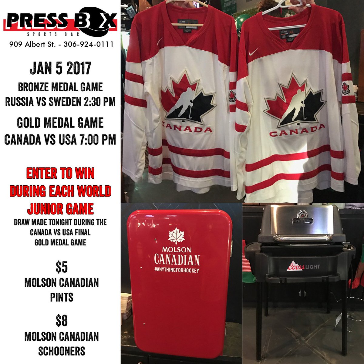 pressboxregina's tweet photo. World Junior Hockey. 2:30pm, bronze medal game, Russia and Sweden. Tonight, Canada and USA at 7:00pm. #pressboxsportsbar https://t.co/ysLkLY3lmx