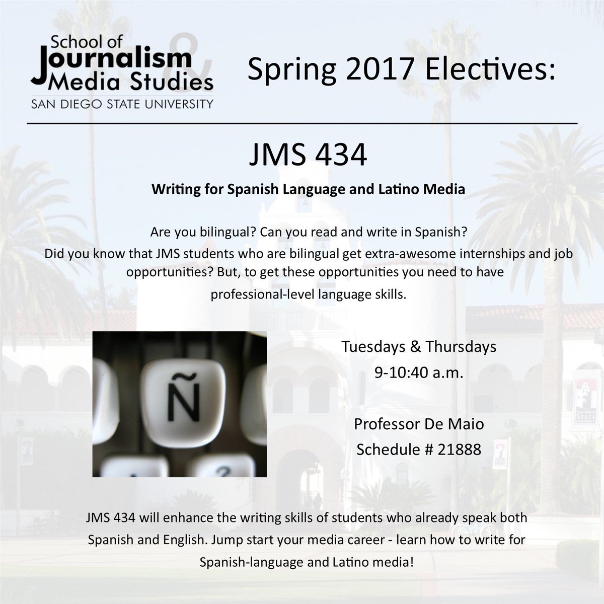 SDSU_JMS's tweet photo. Learn how to write for Spanish-language and Latino media in #JMS434 with @marianasabina! #JMSspring17 https://t.co/5SoNTuu2nL