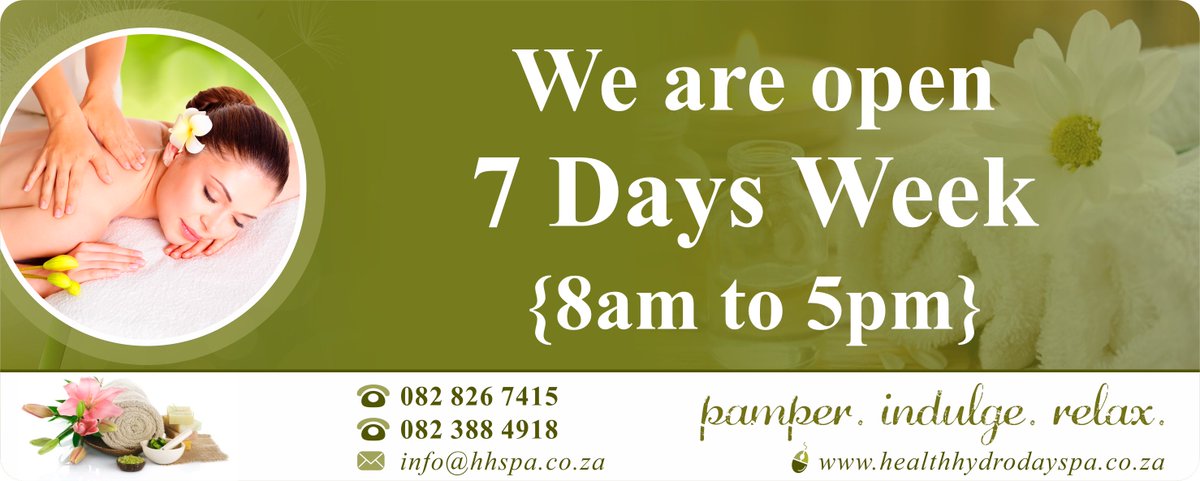 hhdayspa's tweet photo. We are open 7 days a week.
{8am to 5pm},
email bookings to info@hhspa.co.za
#HealthHydroDaySpa #DaySPA #SPA #cirobertson https://t.co/WDmrezOOfE