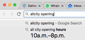 stevoarmstrong's tweet image. It&apos;s the little things Google does with Chrome that make me happy. Opening hours in the predictive search field. #smartux #ux