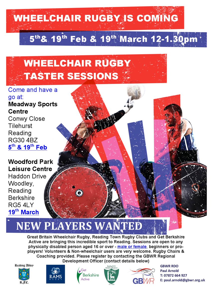 spinalinjuries's tweet photo. GB Wheelchair Rugby @GBWRNews are running Wheelchair Rugby taster sessions in Reading in Feb + March, working with @Reading_RFC #Rugby https://t.co/8S0XHMkD31