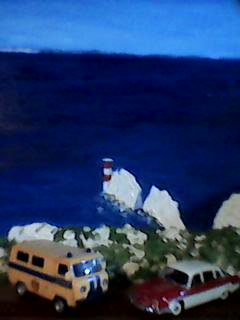Christmas presents - from Moscow a painting of The Needles, Isle of Wight with a Russian UAZ van and Tatra 603