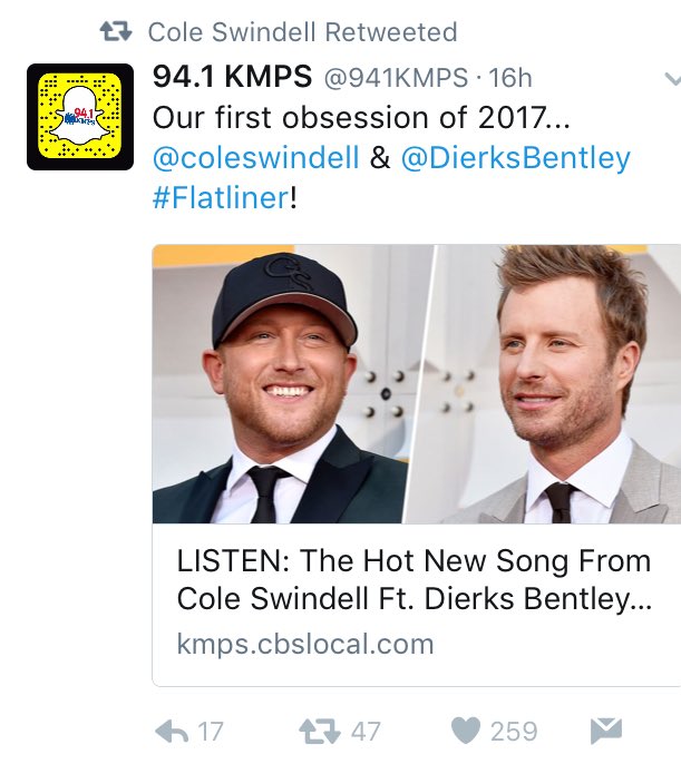 Bkatdubs's tweet image. SQUEEE! That moment when @coleswindell RTs my story about his freakin' amazing new song w/ @DierksBentley 😍#FangirlingOut #Flatliner🎶