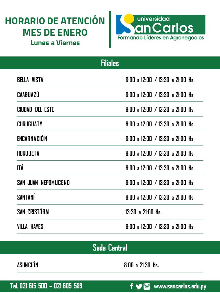 UniSanCarlospy's tweet photo. #COMUNICADOUSC
Horario de Atención mes de enero Sede Central y Filiales (a partir del 09 de enero). https://t.co/eglLgFED6A