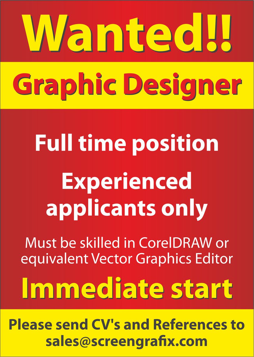 New opening for a Graphic Designer. Email CV's to: sales@screengrafix.com