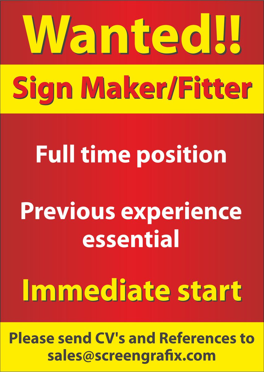 ScreenGrafix (@screengrafixlk) on Twitter photo We're Hiring! Position available for a Sign Maker/Fitter. Email CV's to: sales@screengrafix.com We're Hiring! Position available for a Sign Maker/Fitter. Email CV's to: sales@screengrafix.com