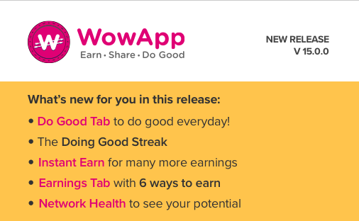 RobinWowApp's tweet image. Biggest #WowApp release ever!  #DoGood Tab, #Earnings Tab, #InstantEarn, #NetworkHealth, it is so much better you must see for yourself! 😃😃😃