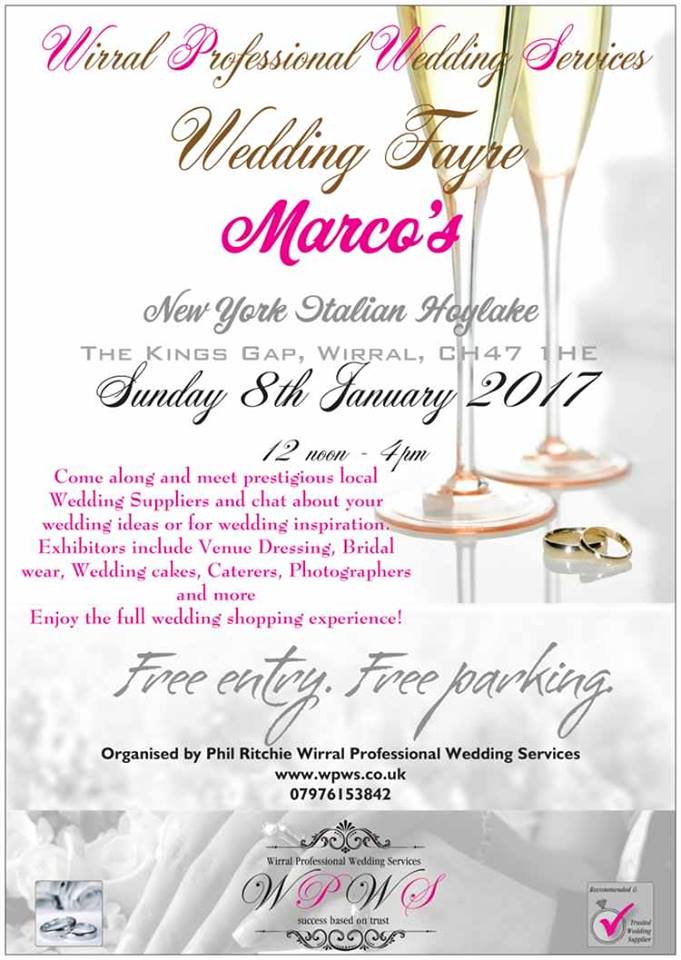 Marco's Bridal Fayre, Hoylake, Sunday 8th Jan 12 to 4pm. Free Entry, Free Parking