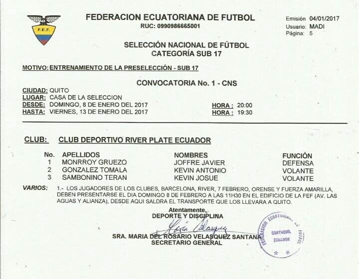FormativasRiver's tweet image. Convocatoria a la PreSelección Sub 17 @CDRiverEcuador