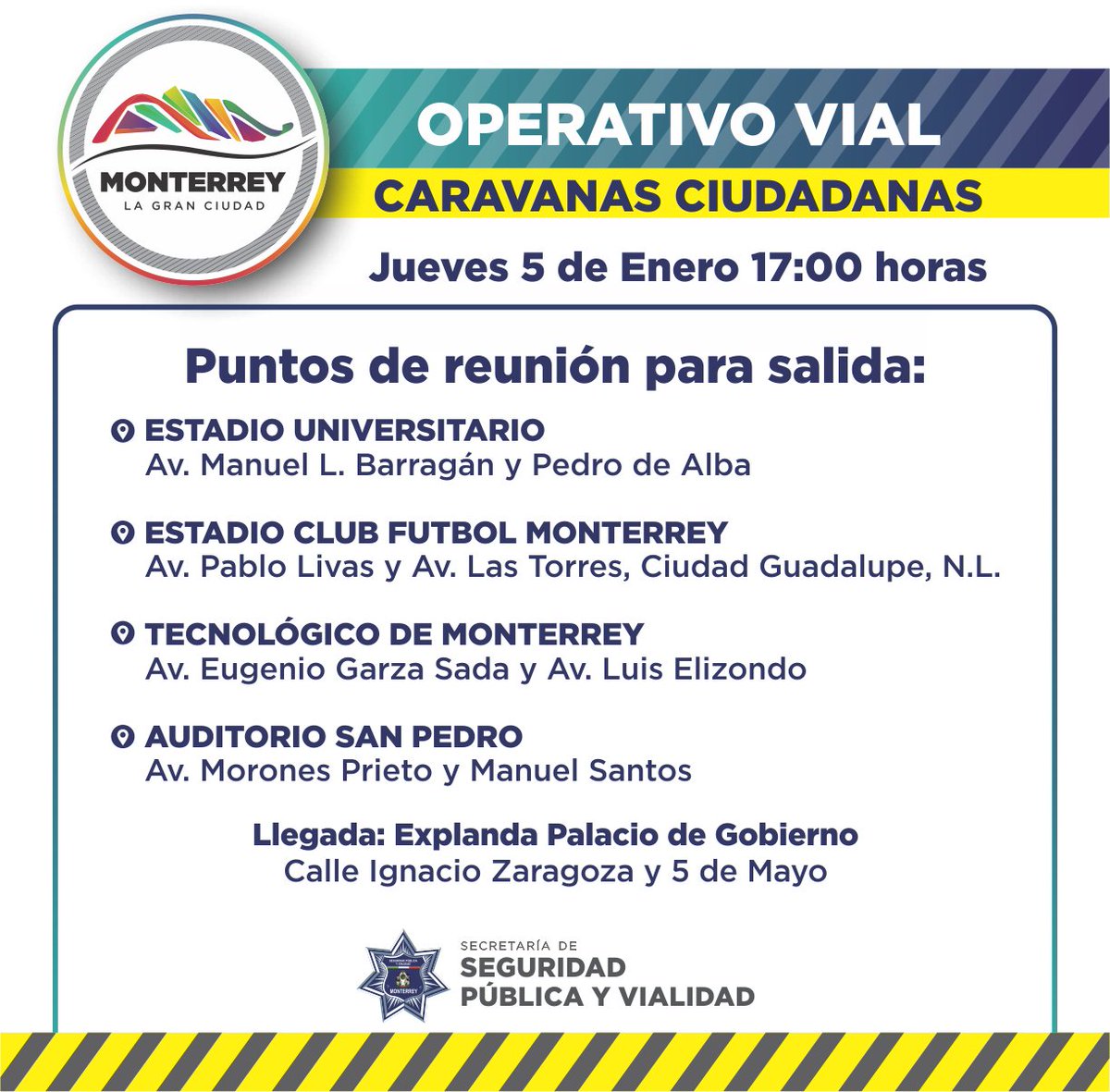 #VialidadMTY *Caravanas ciudadanas* Jueves 5 de Enero a partir de las 17:00 horas. @spvmty en puntos de salida y límites municipales.