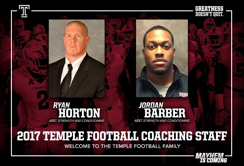 Welcome to the #TUFB fam.

Offensive Coordinator -✔️
Defensive Line -✔️
Assistant Strength &amp; Conditioning -✔️✔️

📝 » owlsports.com/news/2017/1/5/…