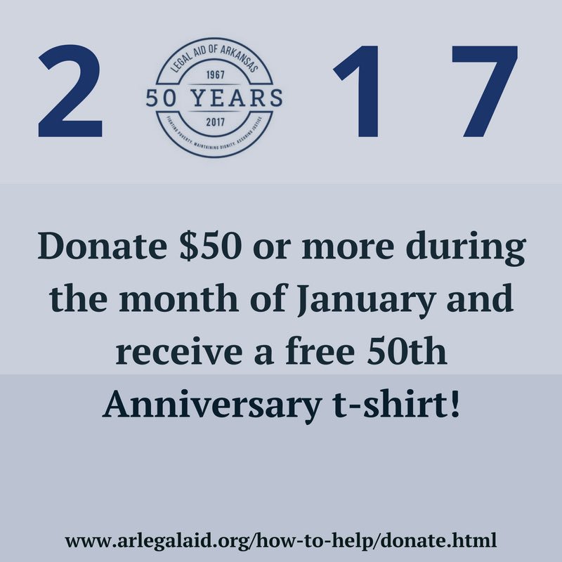 arlegalaid's tweet photo. Help us celebrate 50 years of Legal Aid! Donate $50 and get a 50th Anniversary shirt free- this month only! https://t.co/kxUBWk26Md #50for50 https://t.co/rrnfU19vxs