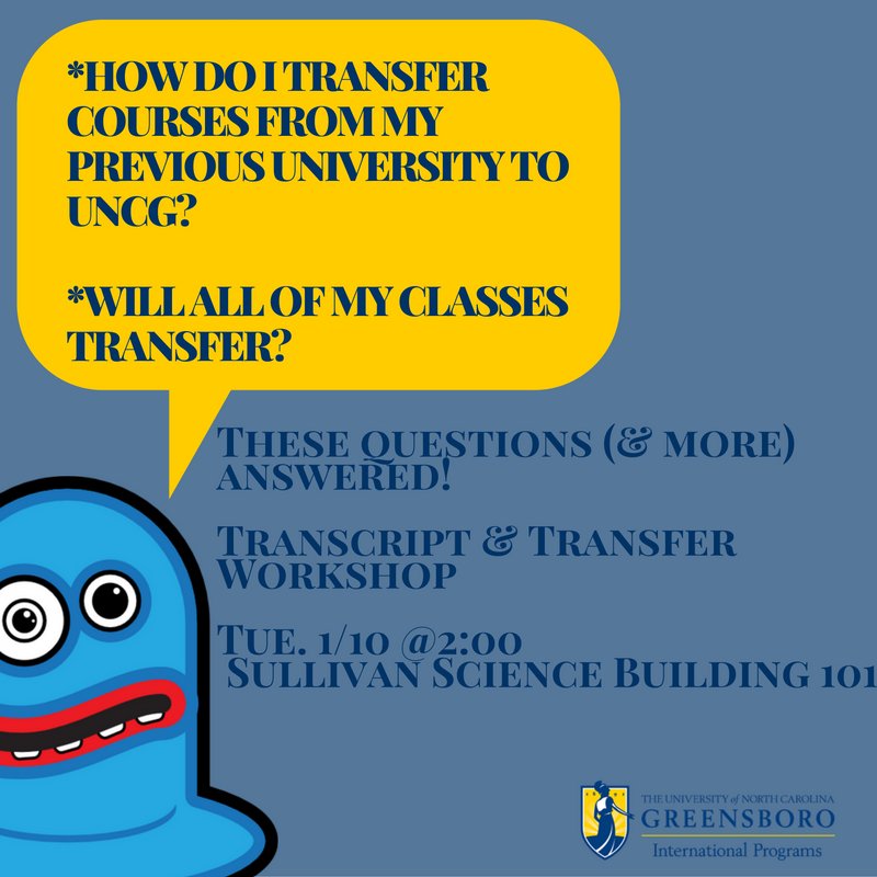 New UNCG international students-please join us for a session on undergraduate transfer credits.  #UNCGinternationalspartan