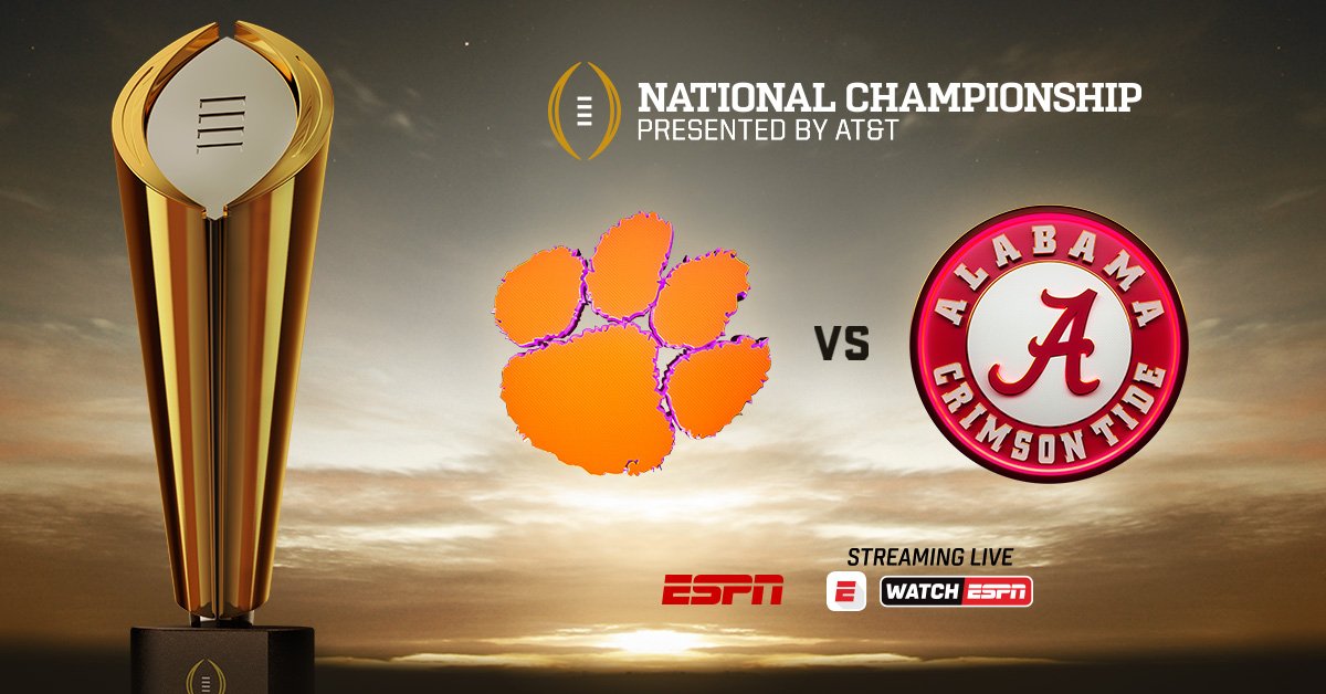 ESPNCFB's tweet photo. Retweet to receive an exclusive #WatchTheNatChamp reminder from @ESPNCFB so you won't miss CLEMvsBAMA on Jan 9th! https://t.co/GPKTdaz0Ak