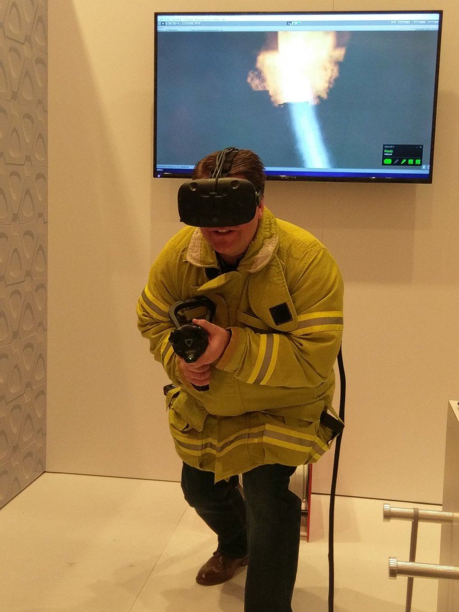 obriend17's tweet image. I'm a firefighter...this was so much work.  The hose has pressure haptic feedback and the jacket heats up as you get closer to the fire.
