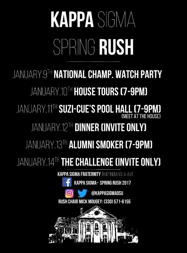 Here is our official Rush Schedule for the upcoming semester. We look forward to seeing you all at our house next week!