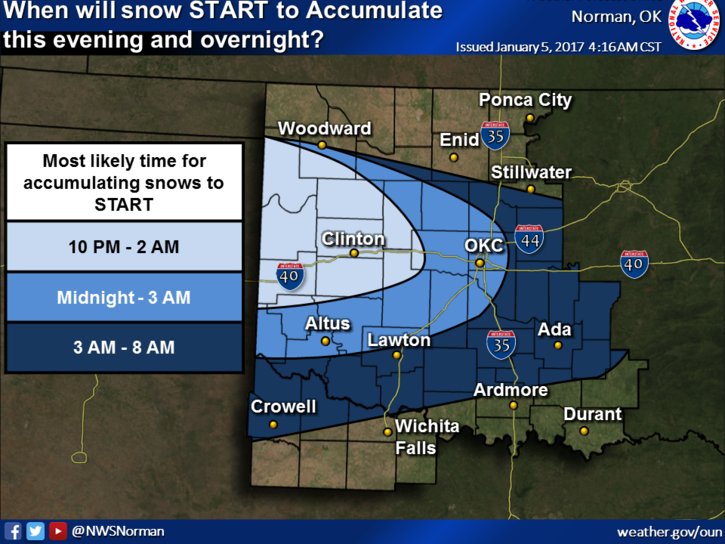NWSNorman's tweet photo. Here is our updated snowfall forecast, but will vary over small distances. Heaviest snow into W Okla late evening then expands overnight https://t.co/Tlf3L7bz4I
